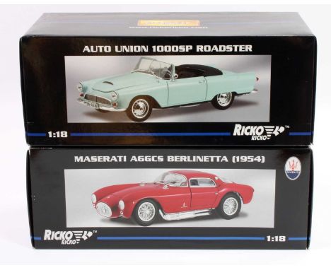 Ricko 1/18th scale boxed diecast, 2 examples to include No. 32151 Maserati A6GCS Berlinetta (1954) and No. 32157 Auto Union 1