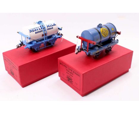 Two Hornby pre-war wagons: probably a repaint, Colas Bitumen tank wagon, blue open axleguard base &amp; tank, red end support