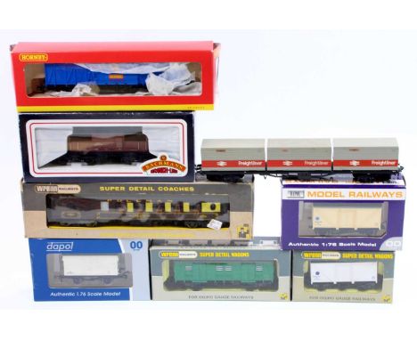 Eight items of rolling stock: Wrenn Pullman Car 77 (in wrong box); Wrenn Blue Spot fish; Hornby, ‘Seventy Years of Hornby’ R6
