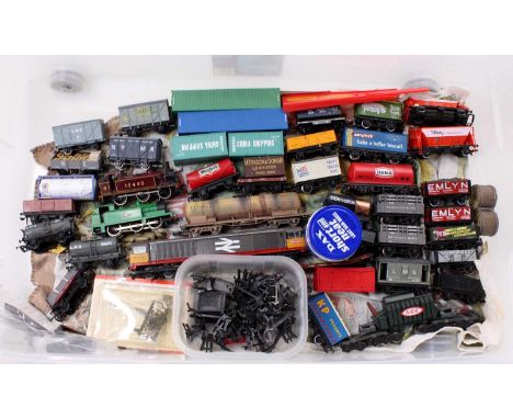 A large plastic tub containing a collection of various loose Hornby, Lima, Bachmann, and similar 00 gauge items of rolling st
