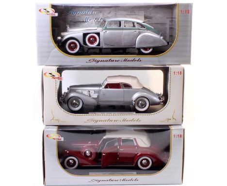 Signature 1/18th scale diecast group, 3 examples, No. 18112 1937 Cord 812 Supercharged, and No. 18127 1937 Lincoln Touring Ca