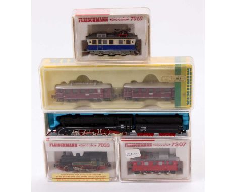 Five various boxed and part boxed Minitrix and Fleischmann N gauge scale continental railway locomotives to include a Fleisch