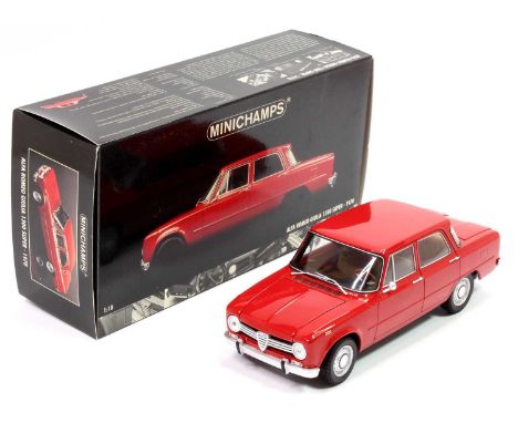 A Minichamps 1/18th scale Alfa Romeo Giulia 1300 Super 1970 finished in red and sold in its original polystyrene and card box