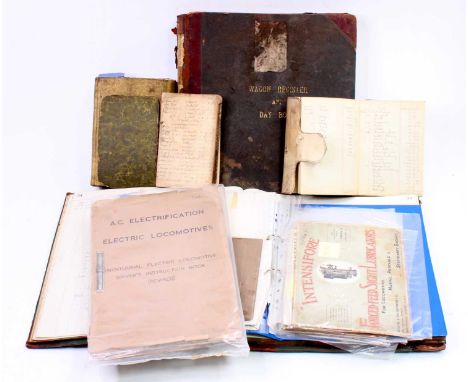 A collection of railway related and live steam wagon registry and day books, AC electrification locomotive paperwork, togethe