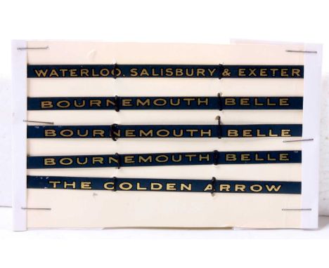 Five Hornby Train Name Boards: all blue with gold letters: 3 x Bournemouth Belle; one Waterloo, Salisbury &amp; Exeter; one T