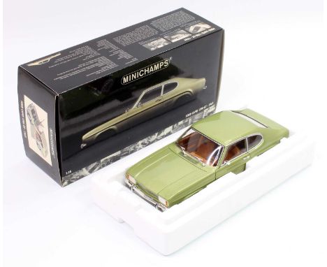 A Minichamps 1/18th scale Ford Capri 1700 GT 1969 in light metallic green, housed in its original polystyrene and card box (N