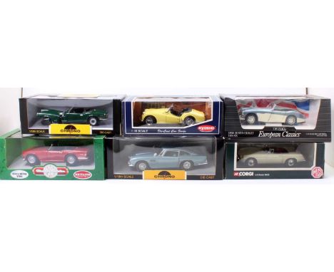 6 assorted 1/18th scale British diecast vehicles, mixed manufacturers and models to include a Chrono Aston Martin DB5, Kyosho