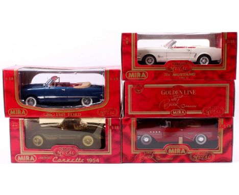 Mira 1/18th scale diecast metal model group of 5 to include No. 6113 Ford Mustang, No. 6195 Chevrolet Corvette, No. 6134 Buic