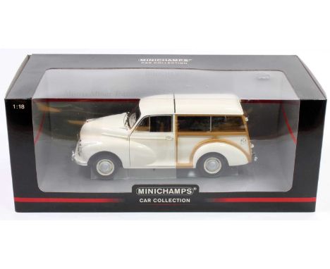 A Minichamps 1/18th scale Morris Minor Traveller in white and housed in its original window style box (NMM-BNM)