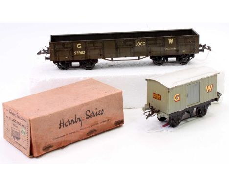 Hornby 1936-41 GW No. 2 High Capacity Coal wagon (G) with a 1933-9 GW No. 1 luggage van with lighter grey body and smaller go