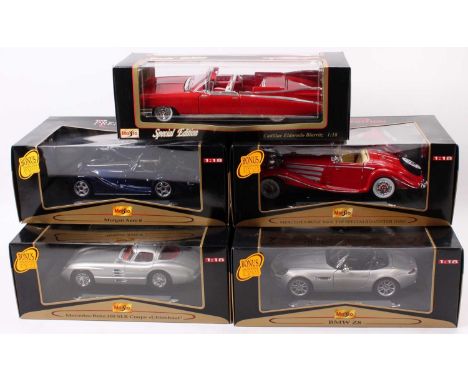 Maisto 1/18th scale diecast group of 5 to include Premiere Edition No. 36898 Mercedes Benz 300 SLR Coupe, No. 36637 Morgan Ae