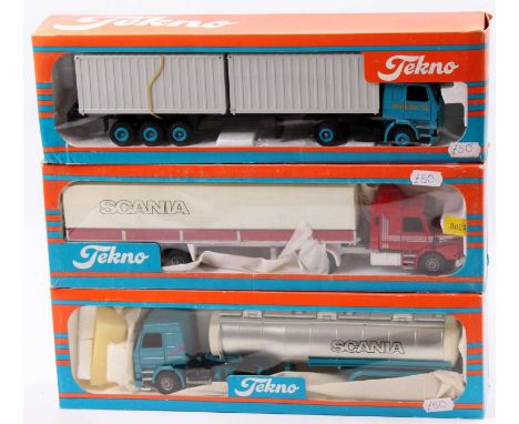 Tekno 1/50th scale boxed trucks, group of 3 various Scania's including a tanker, a box wagon and a container transporter