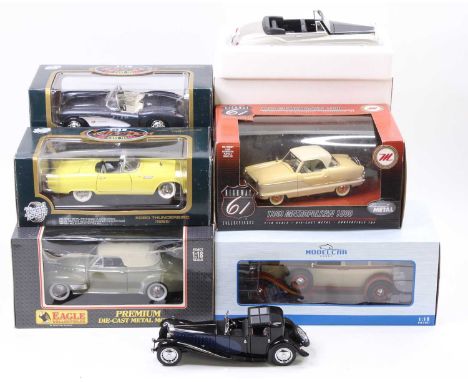 7 assorted 1/18th scale diecast cars, mixed manufacturers and models to include Road Tough No. 92068 Ford Thunderbird, Solido