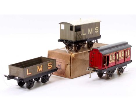 Hornby 1925-8 LMS No. 1 passenger coach with clerestory roof and gold lining (G), 1928-30 LMS Open wagon on open axle guard b