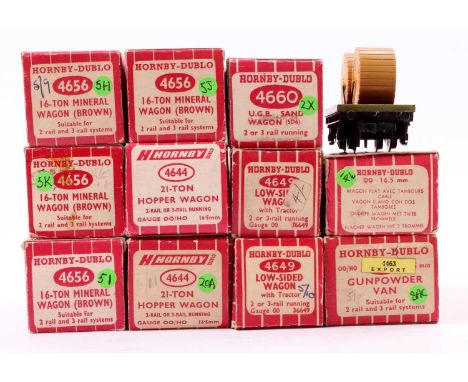 Eleven of the less common Hornby-Dublo 2 &amp; 3 rail wagons: United Glass Bottles sand; 4 x 16ton brown mineral; 2 x low sid