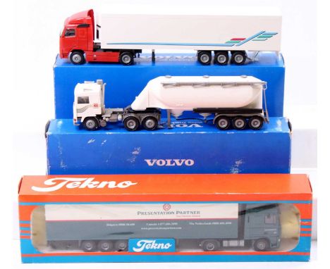 A collection of 1/50 scale road transport commercial vehicles to include a Conrad 4608 Volvo FH12 with reefer trailer togethe