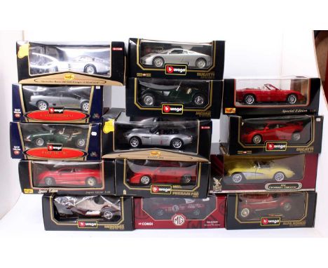 14 various 1/18th scale diecast to include Burago, Road Signature and Maisto, with models such as Bugatti EB110, Jaguar SS100