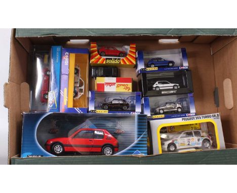 One tray containing a collection of mixed Peugeot 205 related diecast vehicles to include a Solido 1/18 scale Peugeot 205 GTI