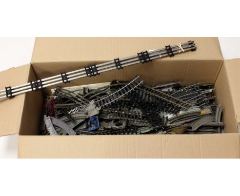 A large box of very mixed makes &amp; styles of model railway track including 00 &amp; 0 gauges. Some Triang grey base; Dublo