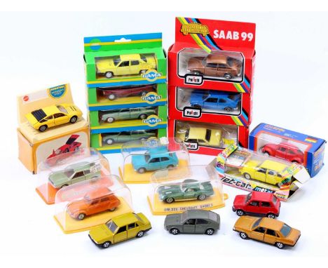 A box containing a selection of Pilen, Gama, Polistil and other diecasts to include a Gama Audi 100, a Pilen VW Scirocco, a P