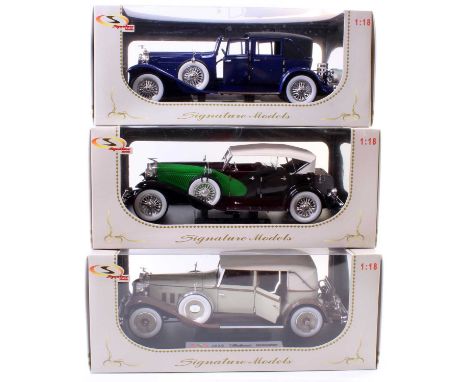 Signature Models 1/18th scale diecast, 3 examples to include No 18115 1930 Packard LeBaron, No. 18103 1930 Packard Brewster, 