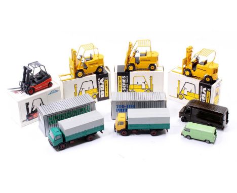 A collection of Gescha and Conrad models including 3 boxed Gescha Caterpillar Fork Lift Trucks, 2 require repair, a Conrad No