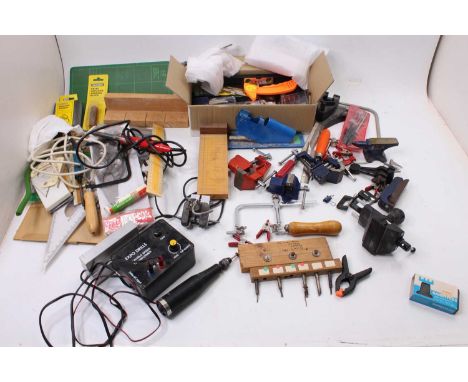 Large box containing cutting tools and instruments used in technical drawing eg squares, rulers, measuring. Also various shar
