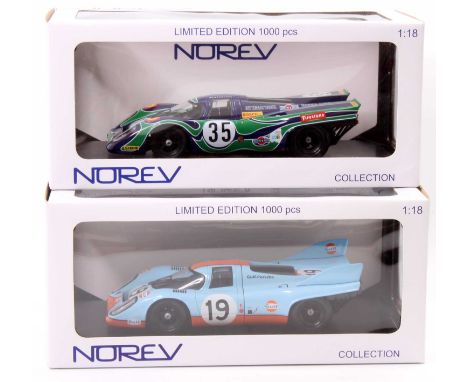 2 Norev 1/18th scale limited edition Porsche 917K Racing Cars to include No. 1875801 6h Watkins Glen 1970 "Lennep / Larrousse