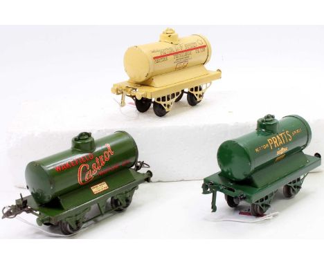 Hornby 1928-30 BP petrol tanker on open axle guard base - paint crazing (G), 1935-7 Pratts Petrol tanker (G), 1931-2 Castrol 
