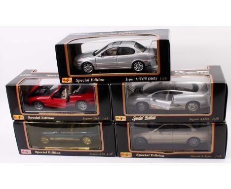 Maisto 1/18th scale diecast, 5 examples comprising No. 31865 Jaguar S Type, No. 807B Jaguar XJ220, No. 31621 Jaguar X Type (2