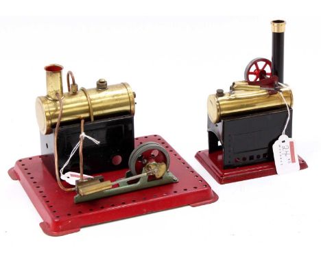 A Mamod/Meccano style restored stationary steam engine group to include a horizontal spirit fired boiler with single oscillat