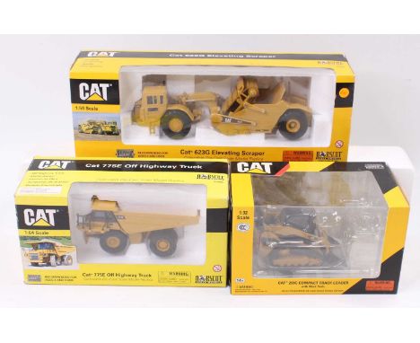 Norscott mixed scale boxed group of 3 comprising No. 55226 1/32nd CAT 299C Compact Track Loader, No. 55095 1/64th CAT 775E Of