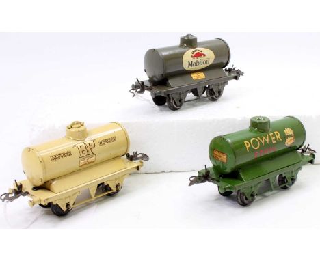 Hornby 1932-4 'BP' Petrol tanker (G), 1934-41 Mobiloil tanker (G) and a 1938-41 Power Ethyl Petrol tanker (G)