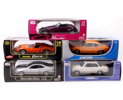 Anson Metal Series 1/18th diecast group of 5 to include No. 30402 Audi 100 Coupe S, No. 30302 Lamborghini Miura, No. 30386 BM