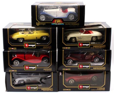 Burago 1/18th scale diecast group of 7 to include No. 3026 Jaguar E Type (1961), No. 3008 Alfa Romeo 2300 Spider (1932), No. 