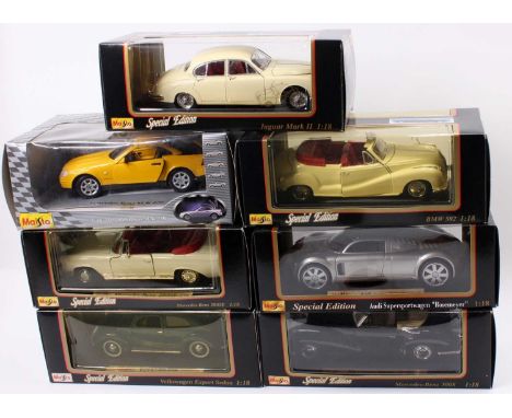 Maisto 1/18th scale diecast, 7 examples to include No. 31820 Volkswagen Beetle, No. 31833 Jaguar Mark II, No. 31811 Mercedes 