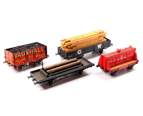 Gauge 1 Kit Built Rolling Stock Group, 4 examples to include GW No.81984 Wagon with wood load, Gauge 1 Acid Tank "Forbes Abbo