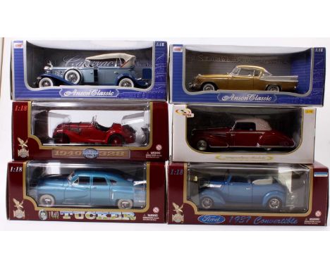 6 assorted 1/18th scale diecast cars, mixed manufacturers and models to include Signature Models 1947 Delahaye 135M, Anson 19