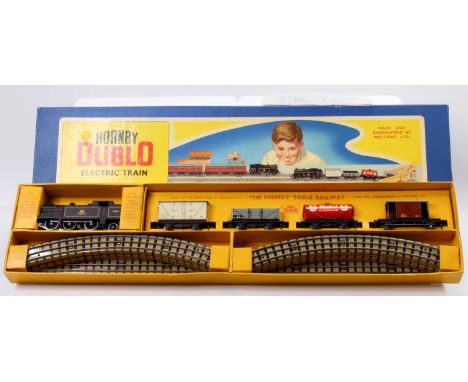 EDG17 Hornby-Dublo 0-6-2 Tank Goods Set comprising EDL17 loco BR 69567 black; BR(S) meat van; BR open wagon; Mobil Oil tank w