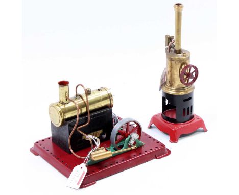 A restored steam engine group comprising of a Mamod SE1 style horizontal steam plant together with a Bing style vertical stea