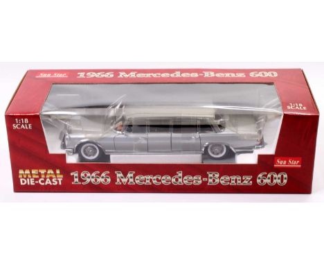 A Sun Star 1/18th scale 1966 Mercedes Benz 600 Pullman in silver and housed in its original window style box (NMM-BNM)