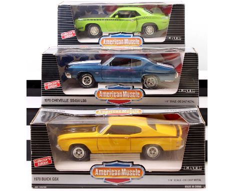 3 ERTL American Muscle 1/18th scale diecast comprising No. 7603 1970 Buick GSX, No. 7623 1970 Chevelle SS454 LS6, and No. 763