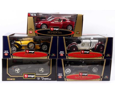 Burago 1/18th scale diecast group of 5 to include No. 3002 Mercedes Benz SSKL (1931), No. 3005 Bugatti Type 59 1934, No. 3014