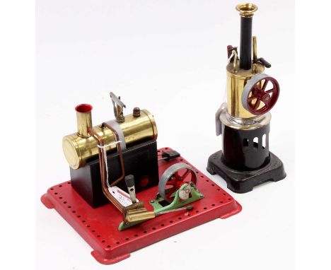 A Mamod steam engine and Bing style vertical steam engine group, two examples to include a Mamod SE1 horizontal spirit fired 