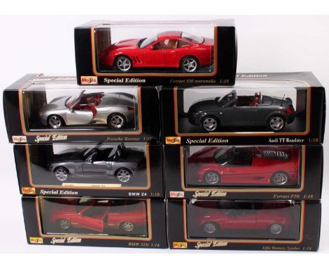 Maisto 1/18th scale diecast, 7 boxed examples to include No. 31822 Ferrari F50, No. 31654 BMW Z4, No. 31831 Alfa Romeo Spider