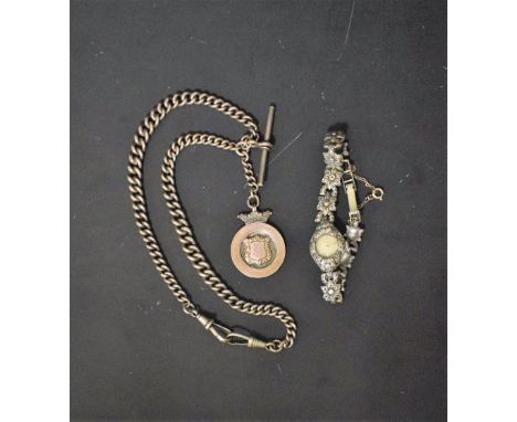 A Rotary lady's marcasite wristwatch; a silver Albert chain, with silver gilt fob and silver T-bar, Birmingham 1900 (2)