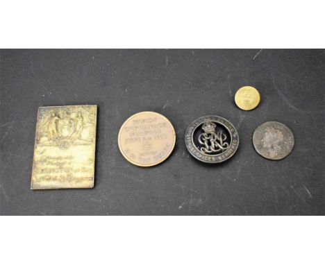 A group of para-numismatic items: bronze 1953 Coronation medalet in box of issue, obv. head of Elizabeth II Coronation of Eli