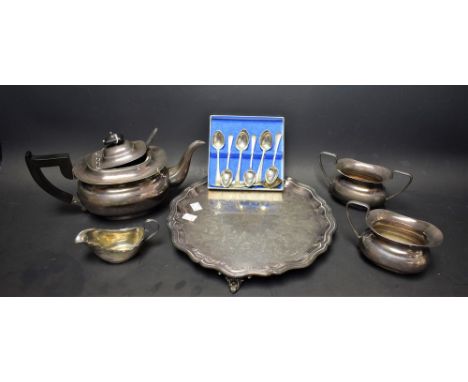 An EPNS three piece tea service, tray, teaspoons, etc