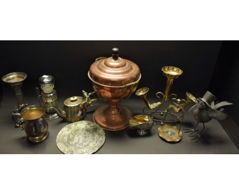 Metalware - a copper samovar; an Aesthetic Movement EPBM three piece tea service; a silver hafted cake slice; a plated sugar 
