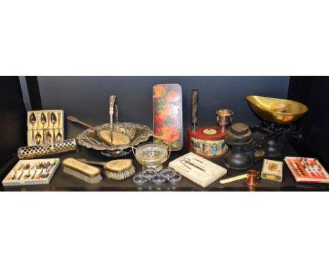 Boxes and Objects - Salter scales and weights, dressing table items, silver plate, purses, tins, etc